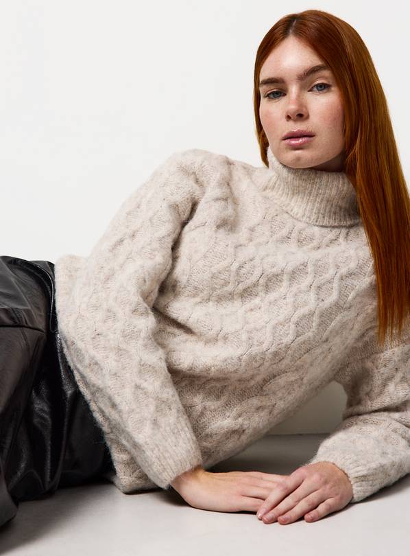 Neutral Roll Neck Cable Knitted Dress S