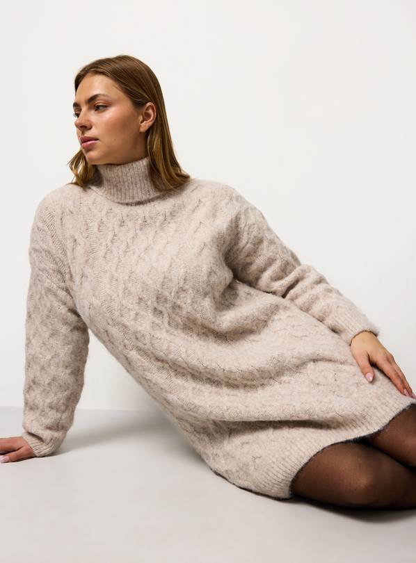 Neutral Roll Neck Cable Knitted Dress L