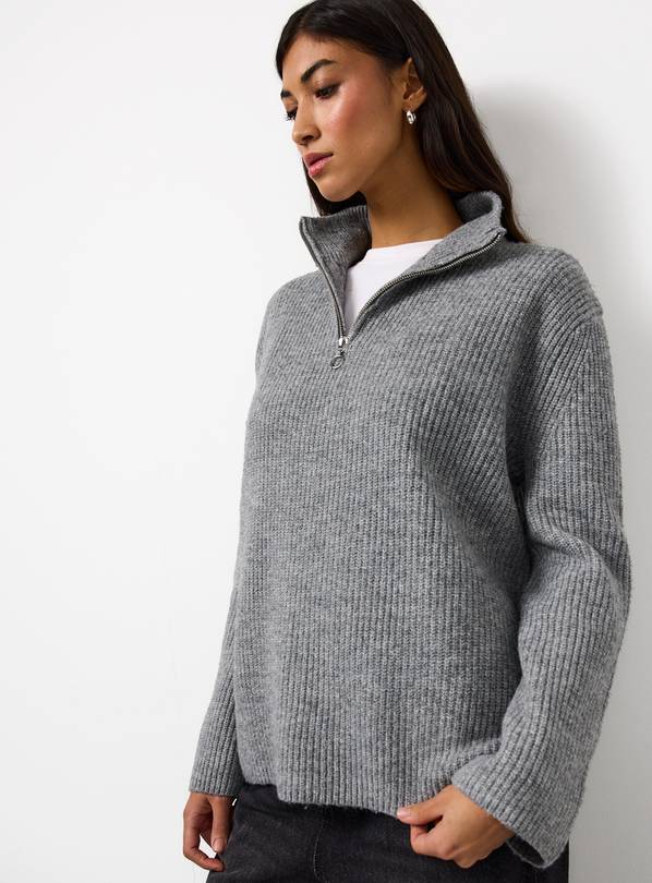 Grey Funnel Neck Quarter Zip Jumper M