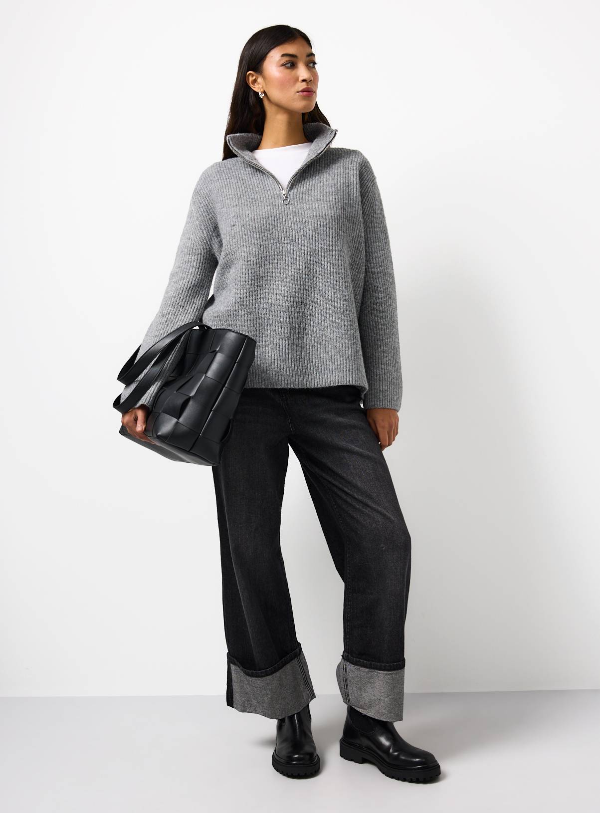 Grey Funnel Neck Quarter Zip Jumper L - Image 2