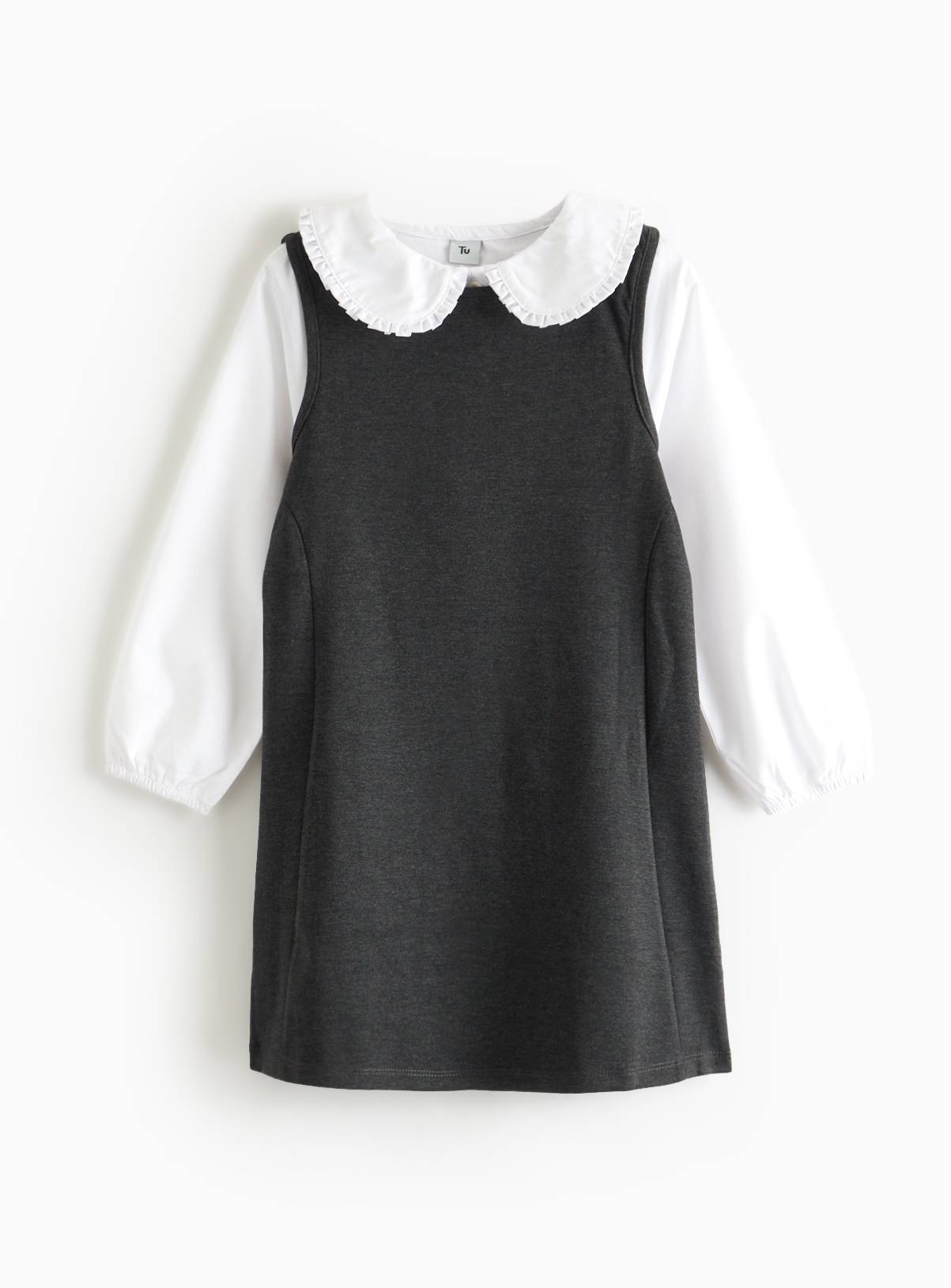 Charcoal Mock Woven Peter Pan Collar School Pinafore 3 years - Image 1