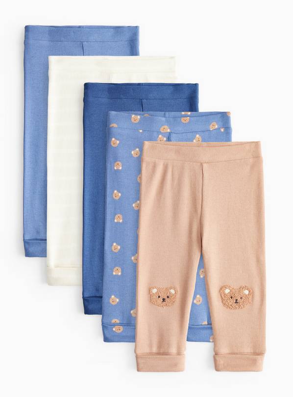 Blue With Bear Print Ribbed Leggings 5 Pack  9-12 months