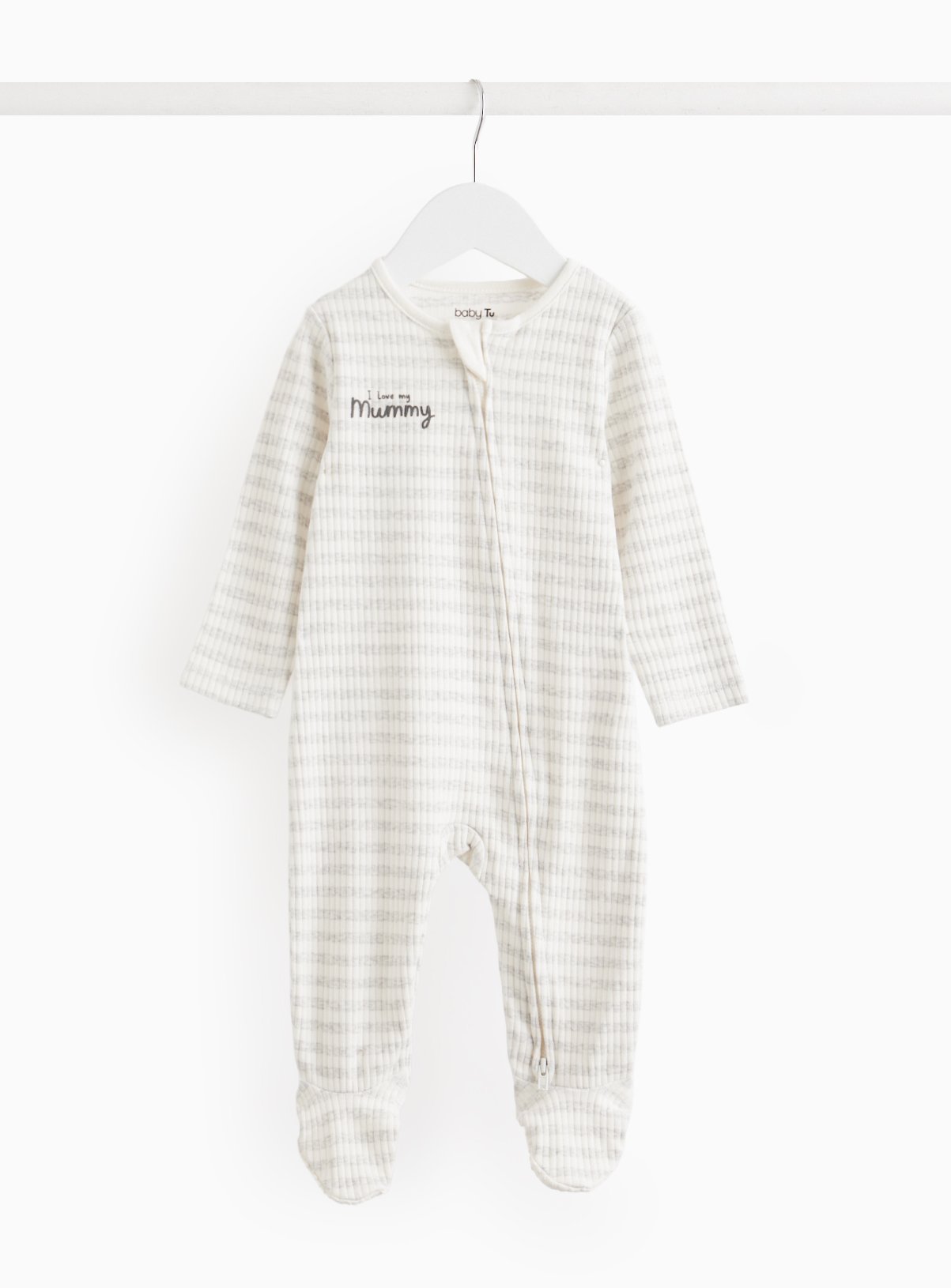 Cream Cream Love My Mummy Slogan Grey Striped Sleepsuit - Tu by Sainsbury's