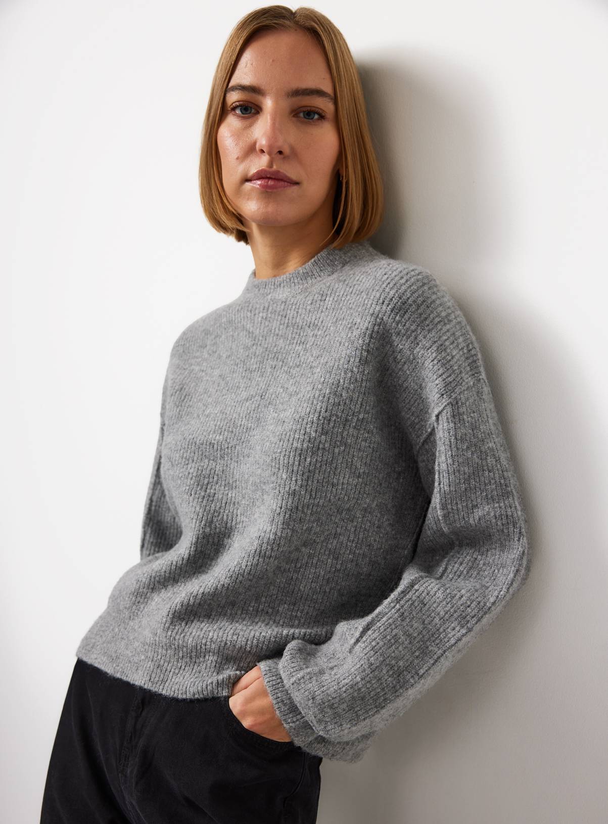 Grey Ribbed Fisherman Crew Neck Jumper M - Image 3