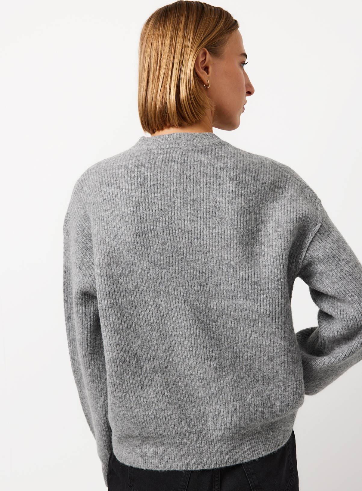 Grey Ribbed Fisherman Crew Neck Jumper M - Image 4