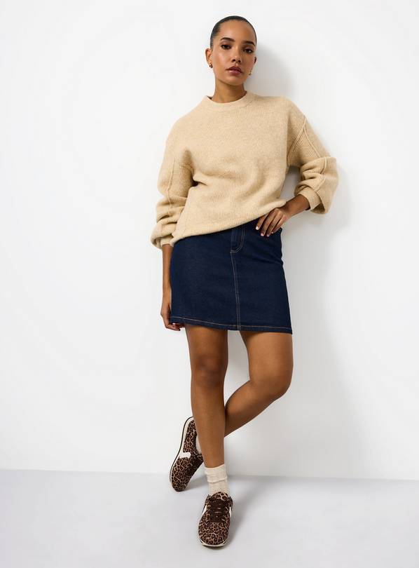 Neutral Ribbed Fisherman Crew Neck Jumper L