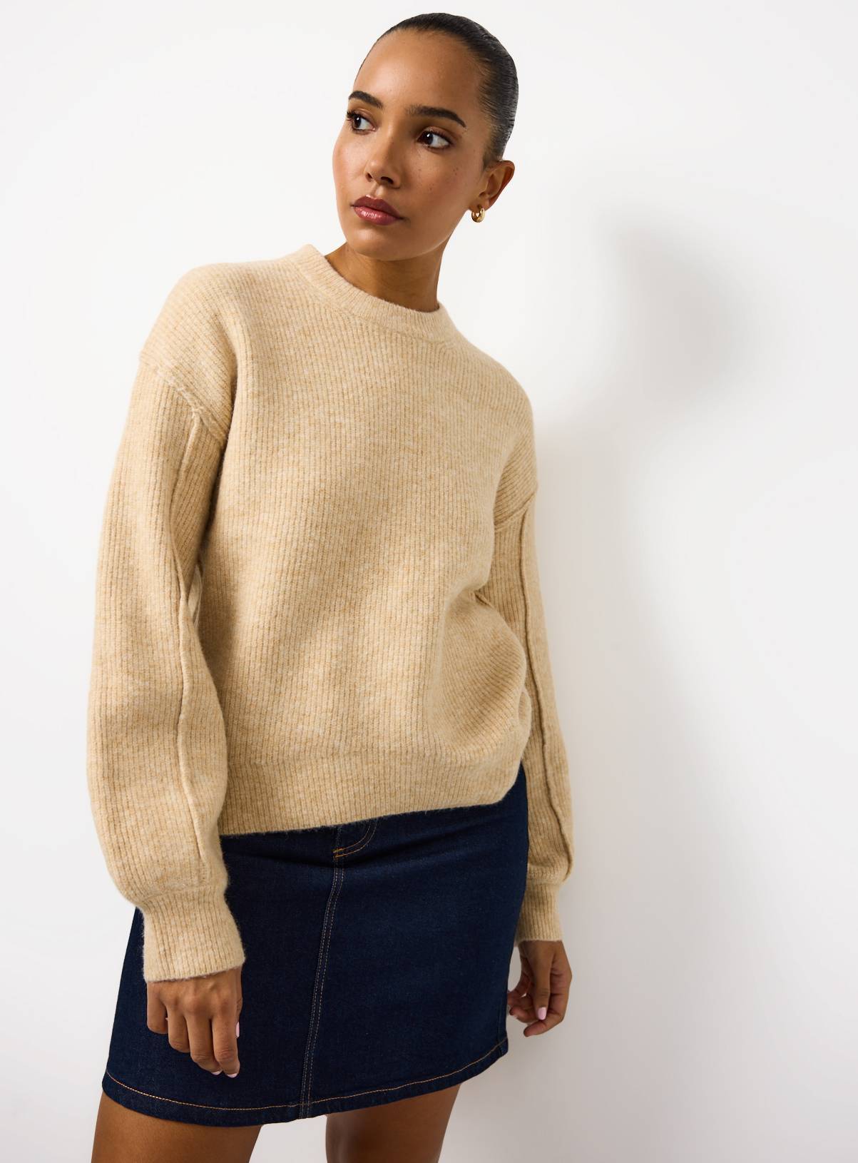 Neutral Ribbed Fisherman Crew Neck Jumper M - Image 2