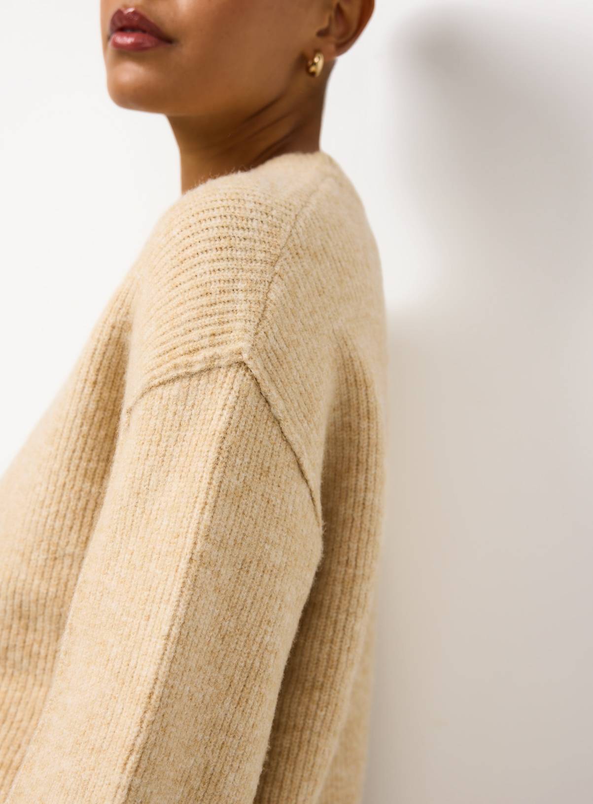 Neutral Ribbed Fisherman Crew Neck Jumper M - Image 3