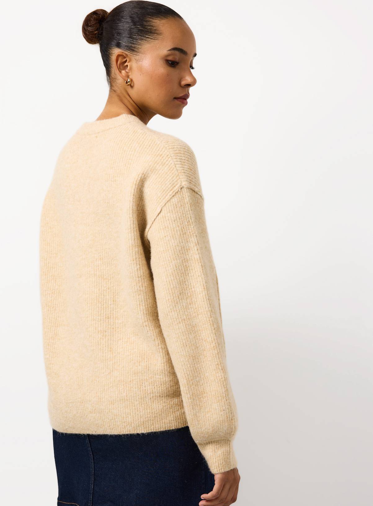 Neutral Ribbed Fisherman Crew Neck Jumper M - Image 4