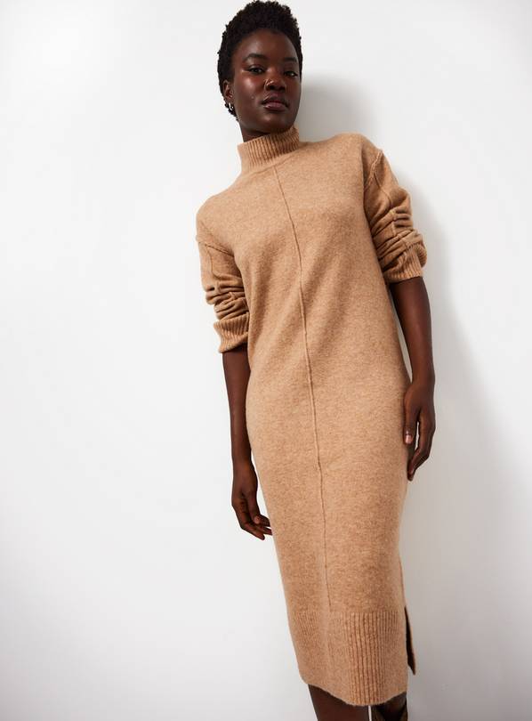 Camel High Neck Seam Detail Midi Knitted Dress L
