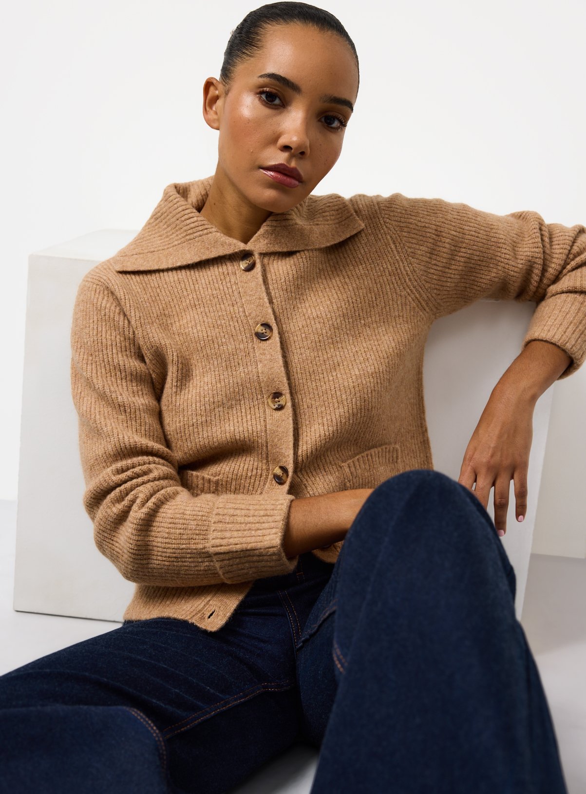 Ribbed Collared Fisherman Cardigan L