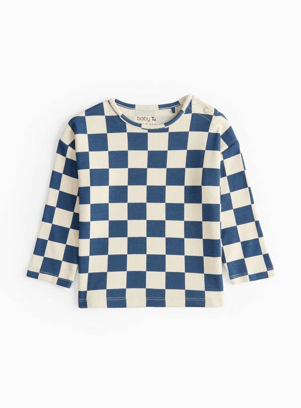 Navy Chequer Print Ribbed Top 12-18 months