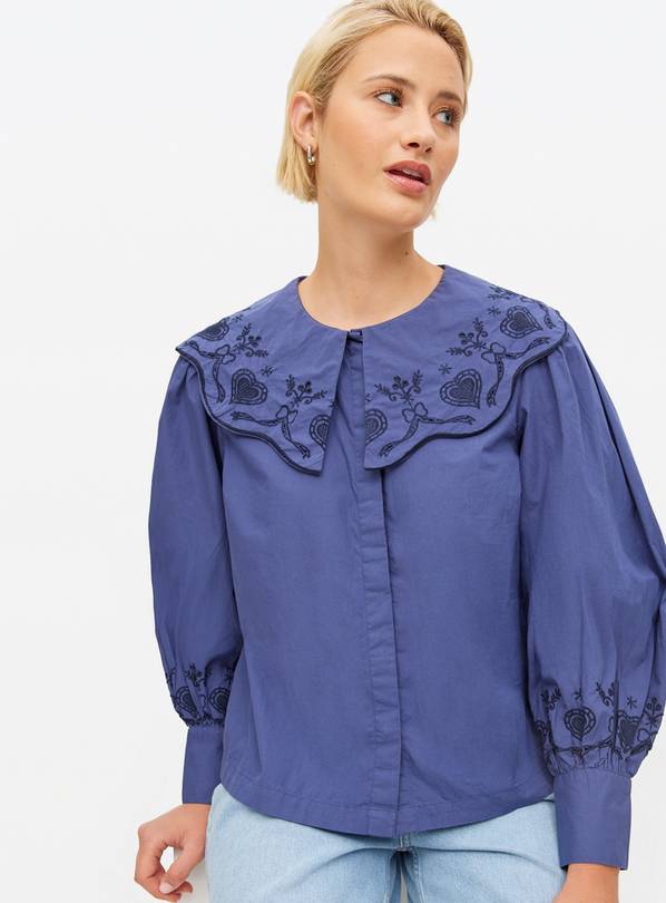 Blue Embroidered Western Collar Blouse 10