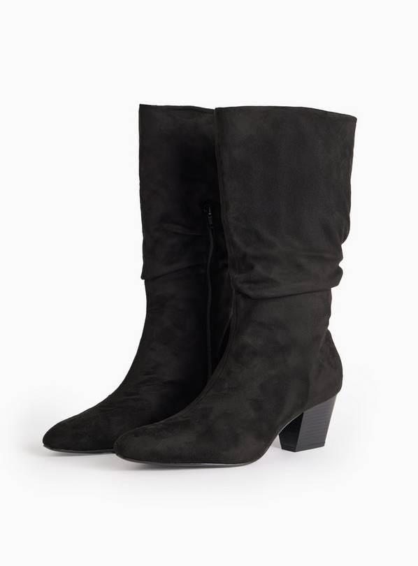 Black Faux Suede Ruched Knee High Boots  4