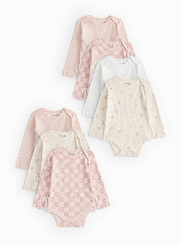Pink Breakfast Print Long Sleeve Bodysuits 7 Pack 3-6 months