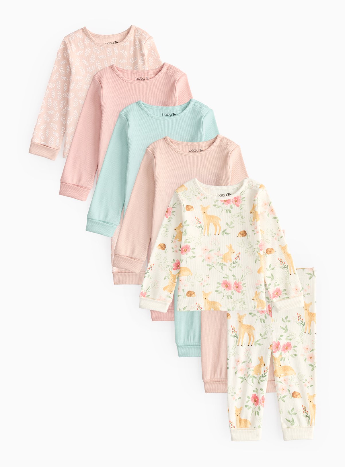 Pink Pink Woodland Pyjama Set 5 Pack (Up To 3 Mths) - Tu by Sainsbury's