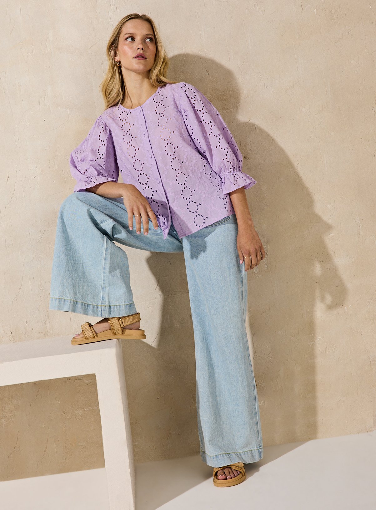 EVERBELLE Lilac Button Through Broderie Blouse 10 - Image 2 thumbnail