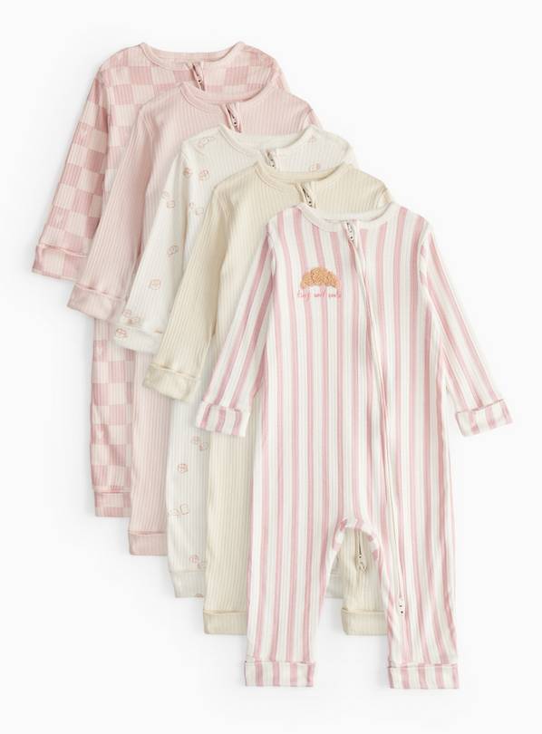 Pink Croissant Zip Sleepsuit 5 Pack Newborn