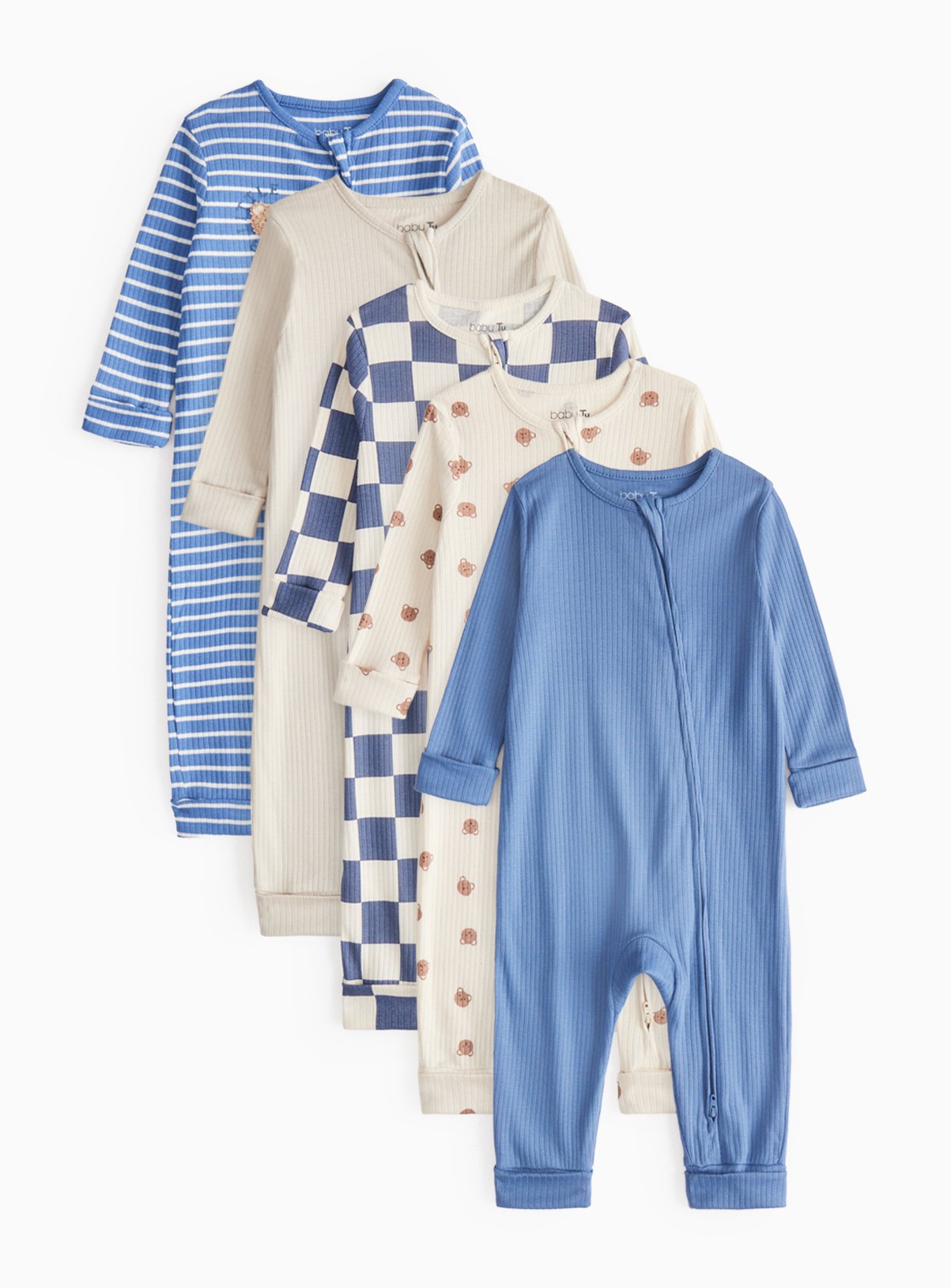 Blue Blue Bear Print Two-Way Zip Sleepsuits 5 Pack - Tu by Sainsbury's
