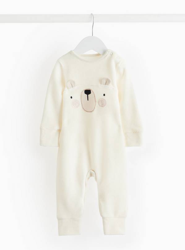 Cream Velour Bear Print Sleepsuit Up to 3 mths
