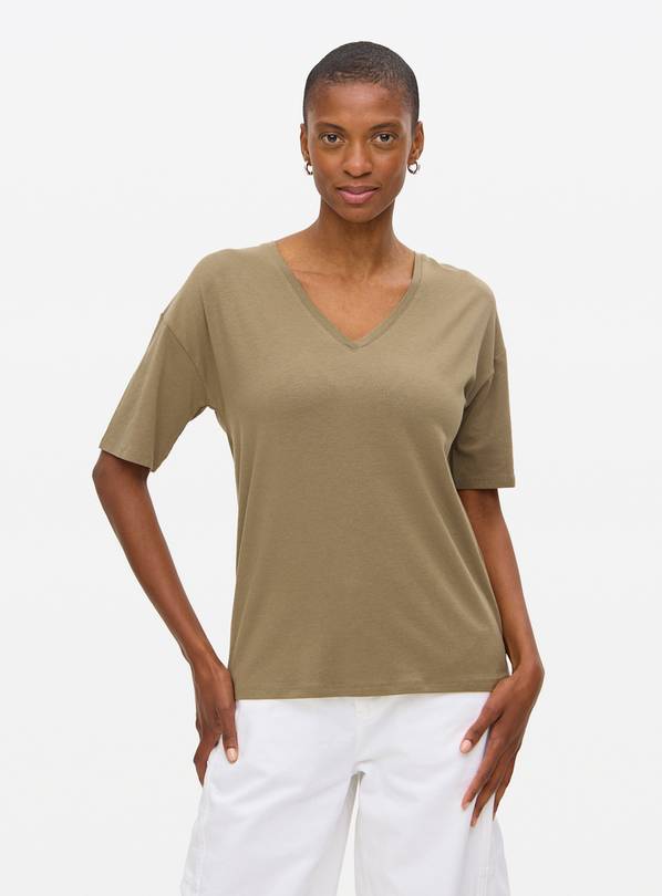 Khaki Relaxed V Neck Short Sleeve T-Shirt  M