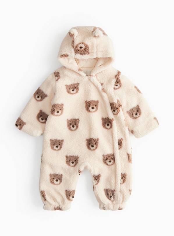 Cream Bear Print Borg Fleece Pramsuit  Up to 3 mths