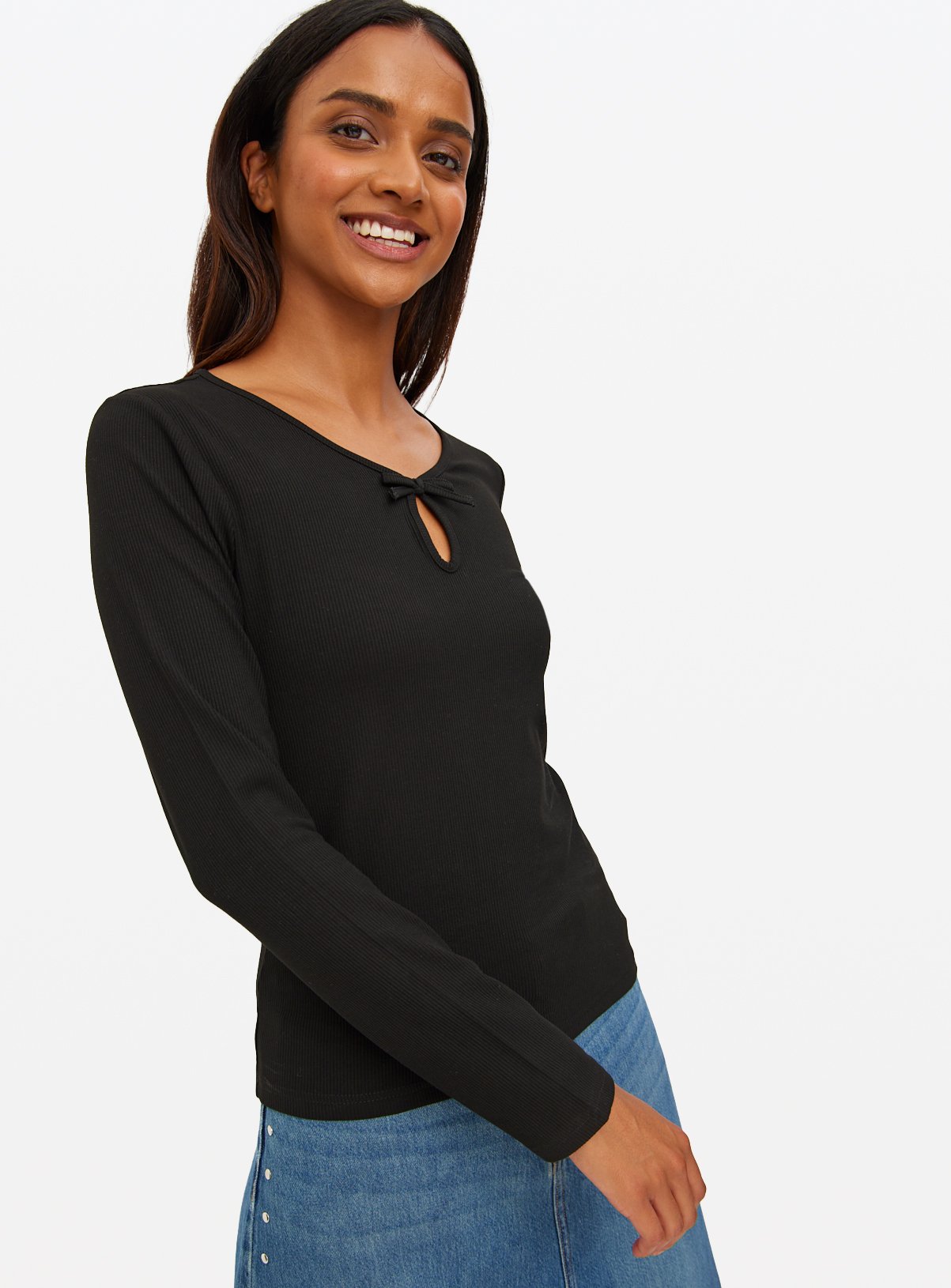 Black Bow Detail Long Sleeve Top