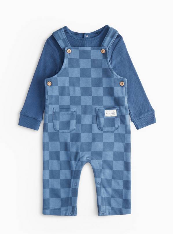 Navy Chequer Print Dungarees Set 9-12 months