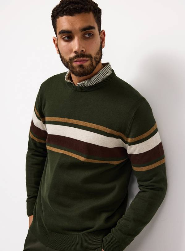 Khaki Striped Crew Neck Cotton Jumper XXXXL