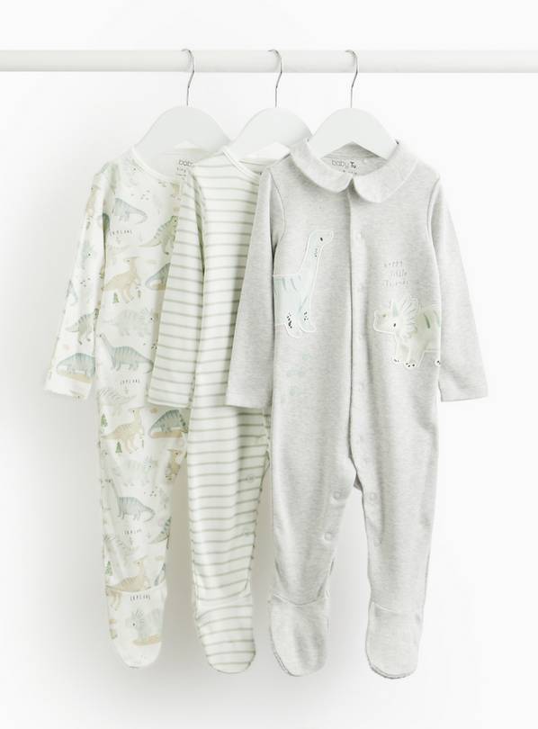 Dino Printed Collared Sleepsuits 3 Pack Newborn