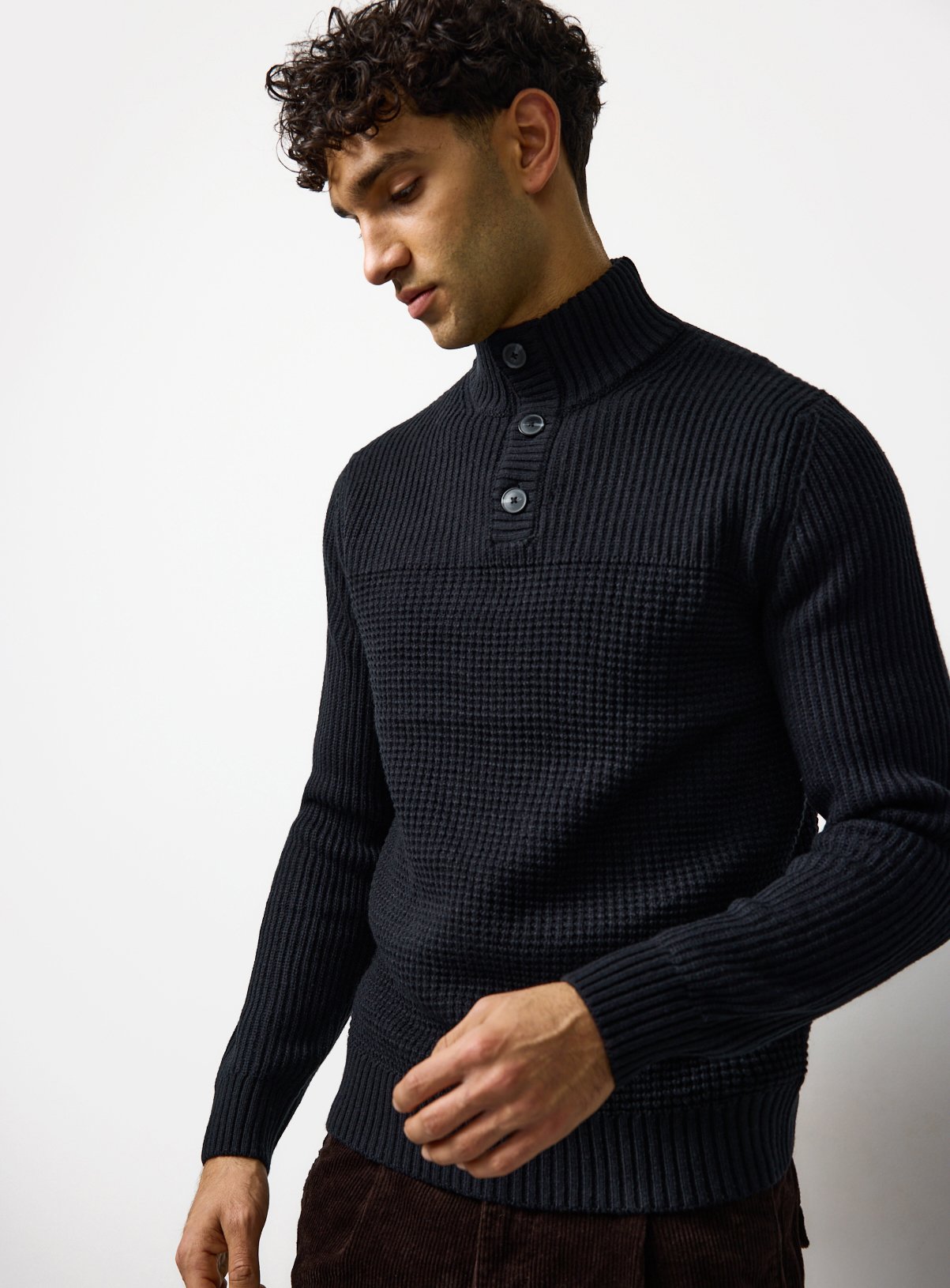 Mixed Stitch Button Neck Jumper L