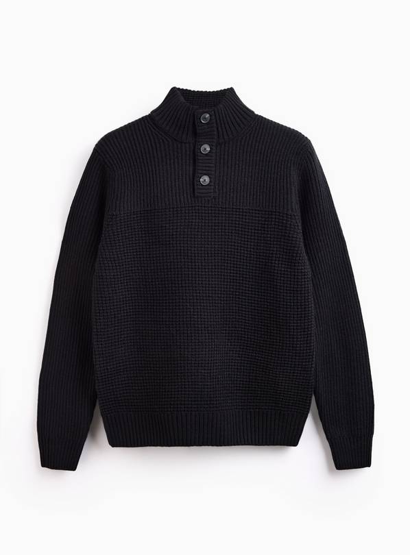 Black Mixed Stitch Button Neck Jumper XXXL