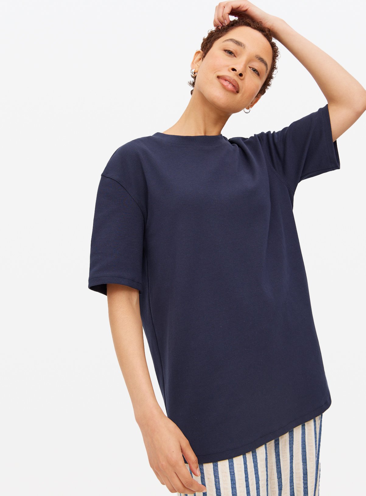 Navy Gathered Side Ribbed T-Shirt