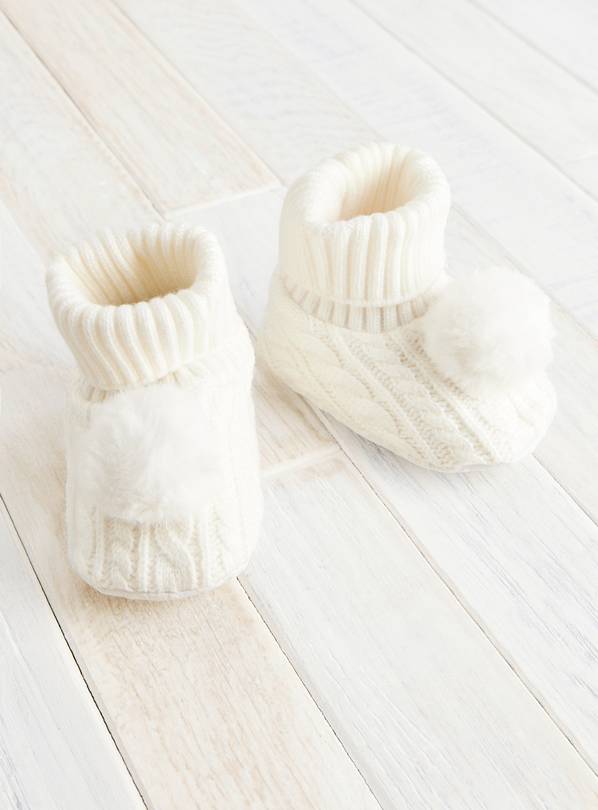 White Pom-Pom Cable Knit Booties  3-6 months