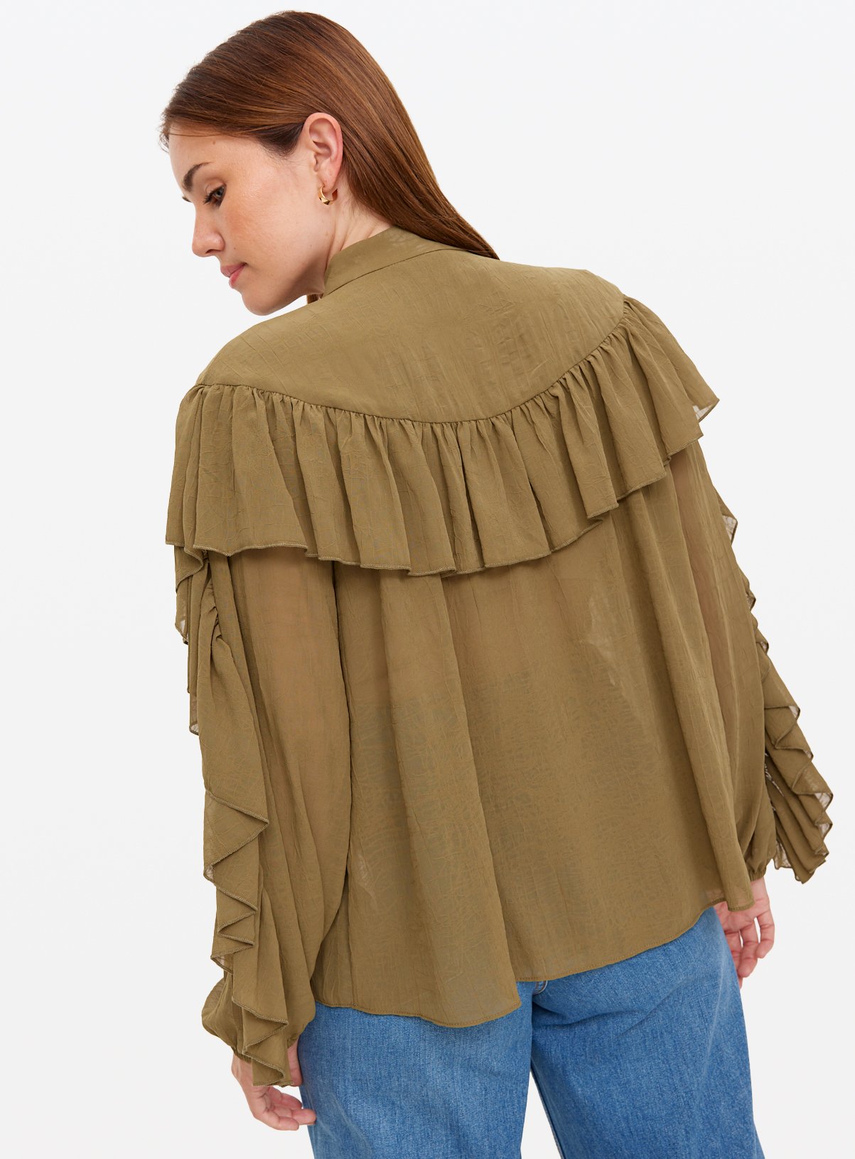 Green Tie Neck Frill Blouse 20 - Image 4 thumbnail