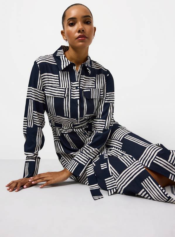 Navy Geometric Printed Midi Shirt Dress 22