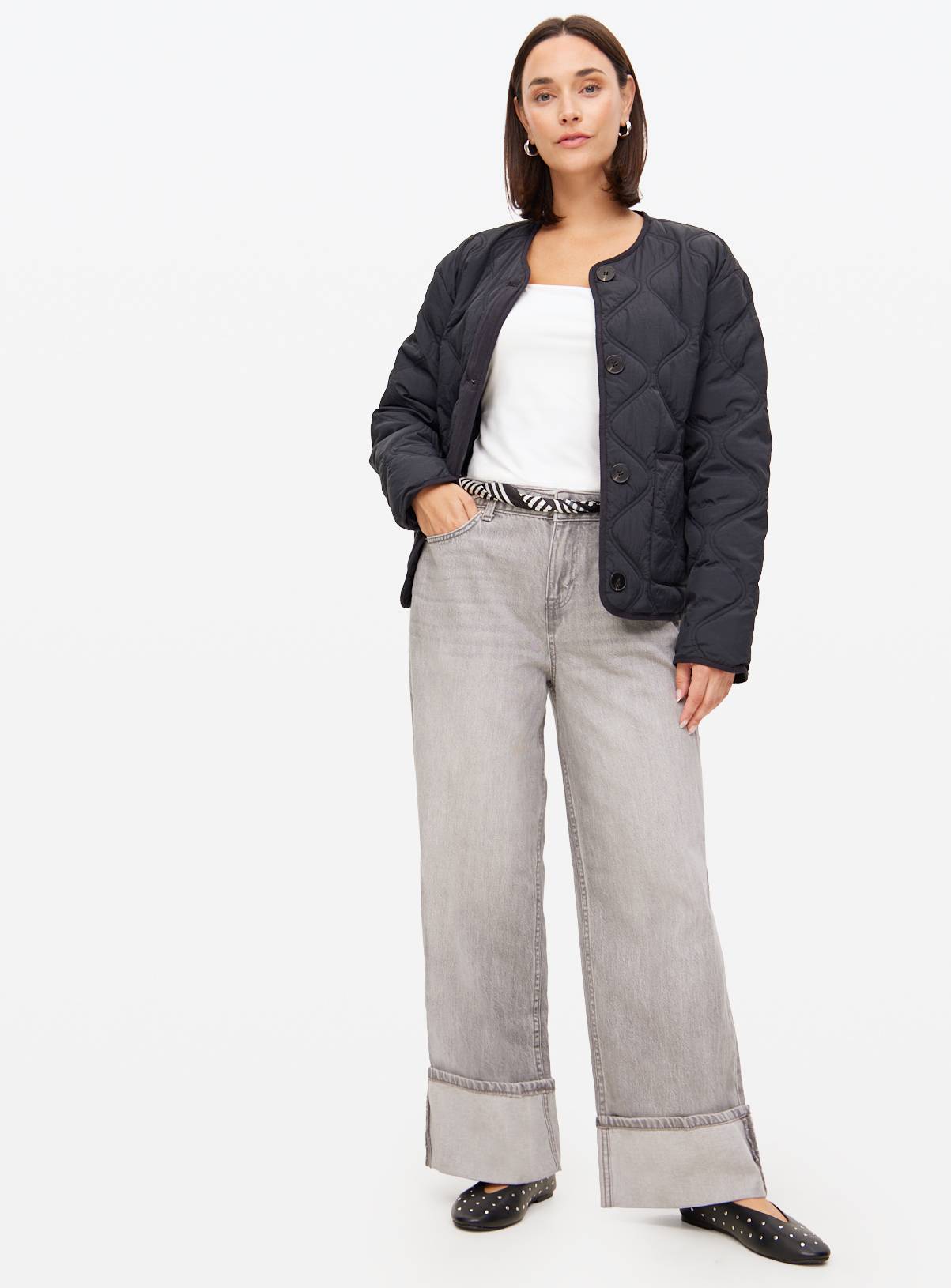 Grey Baggy Wide Leg Turn Up Hem Denim Jeans  14L - Image 1