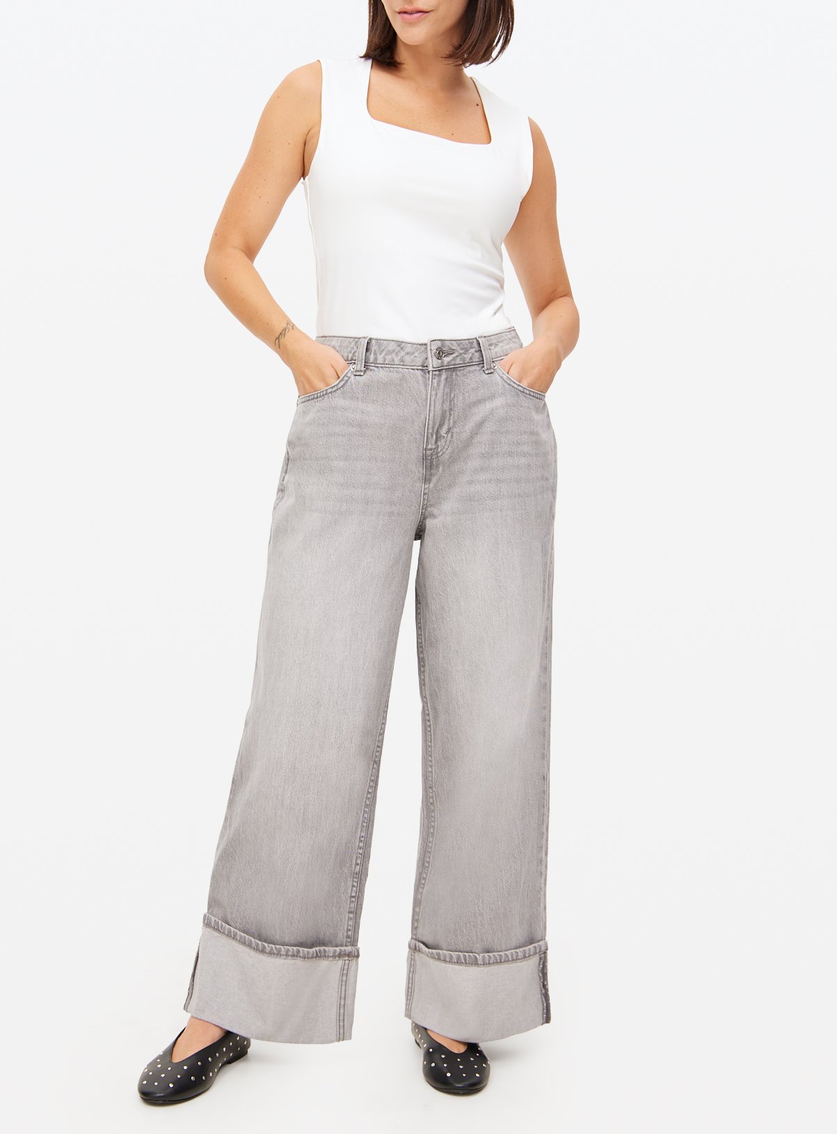 Grey Baggy Wide Leg Turn Up Hem Denim Jeans  14L - Image 3 thumbnail