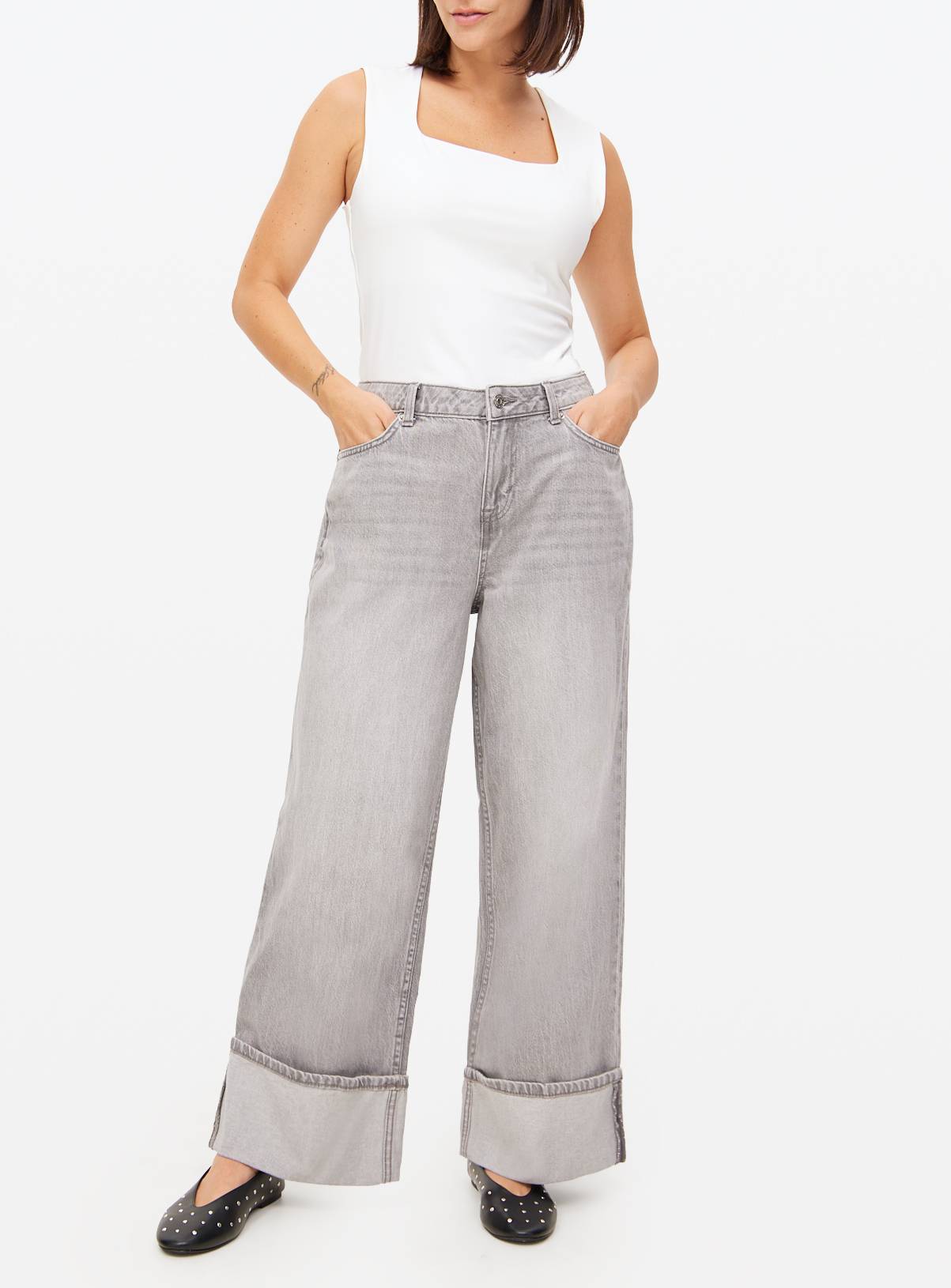 Grey Baggy Wide Leg Turn Up Hem Denim Jeans  14L - Image 3