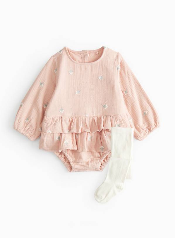 Pink Floral Frill Bodysuit & Tights Set 3-6 months
