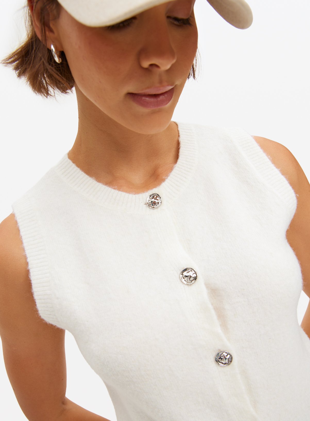 Cream Button Soft Knit Sleeveless Vest