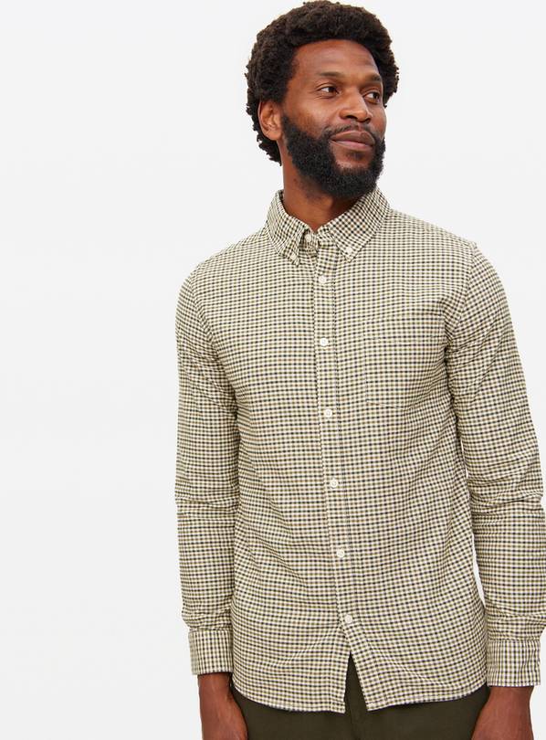 Stone Gingham Check Long Sleeve Slim Fit Oxford Shirt M