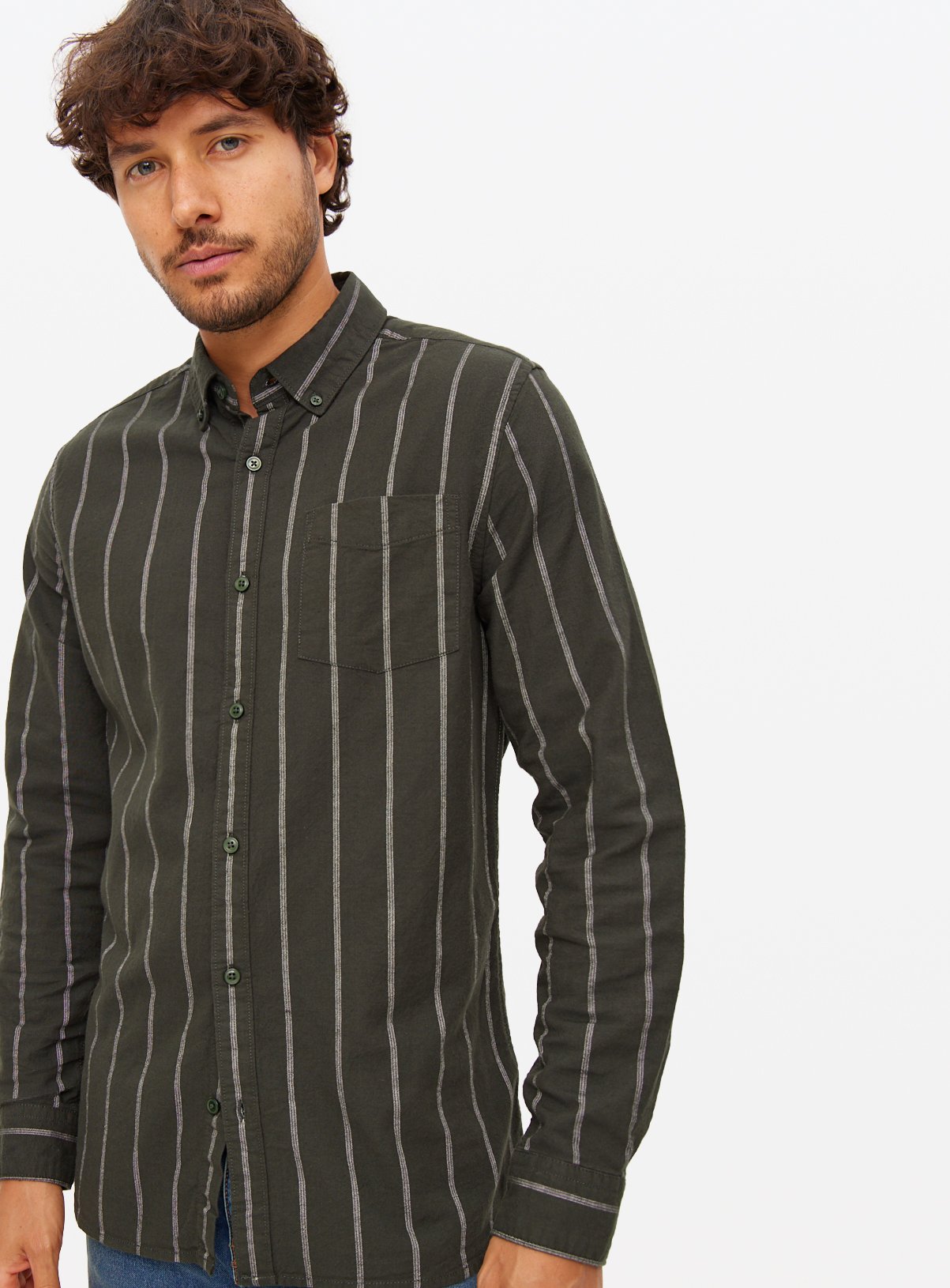 Men's Khaki Stripe Long Sleeve Slim Fit Oxford Shirt