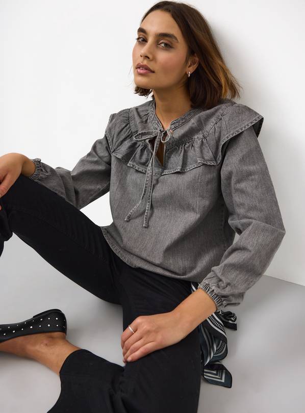 Grey Frill Shoulder Denim Shirt 10