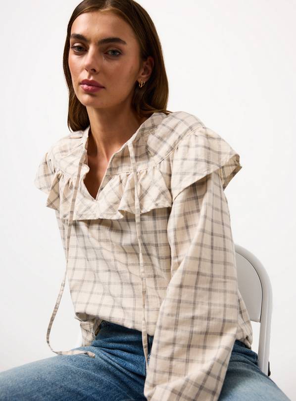 Cream Check Printed Frill Detail Blouse 16