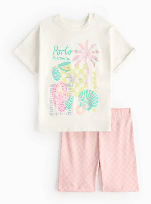 White Graphic T-Shirt & Pink Chequered Cycling Shorts 5 years