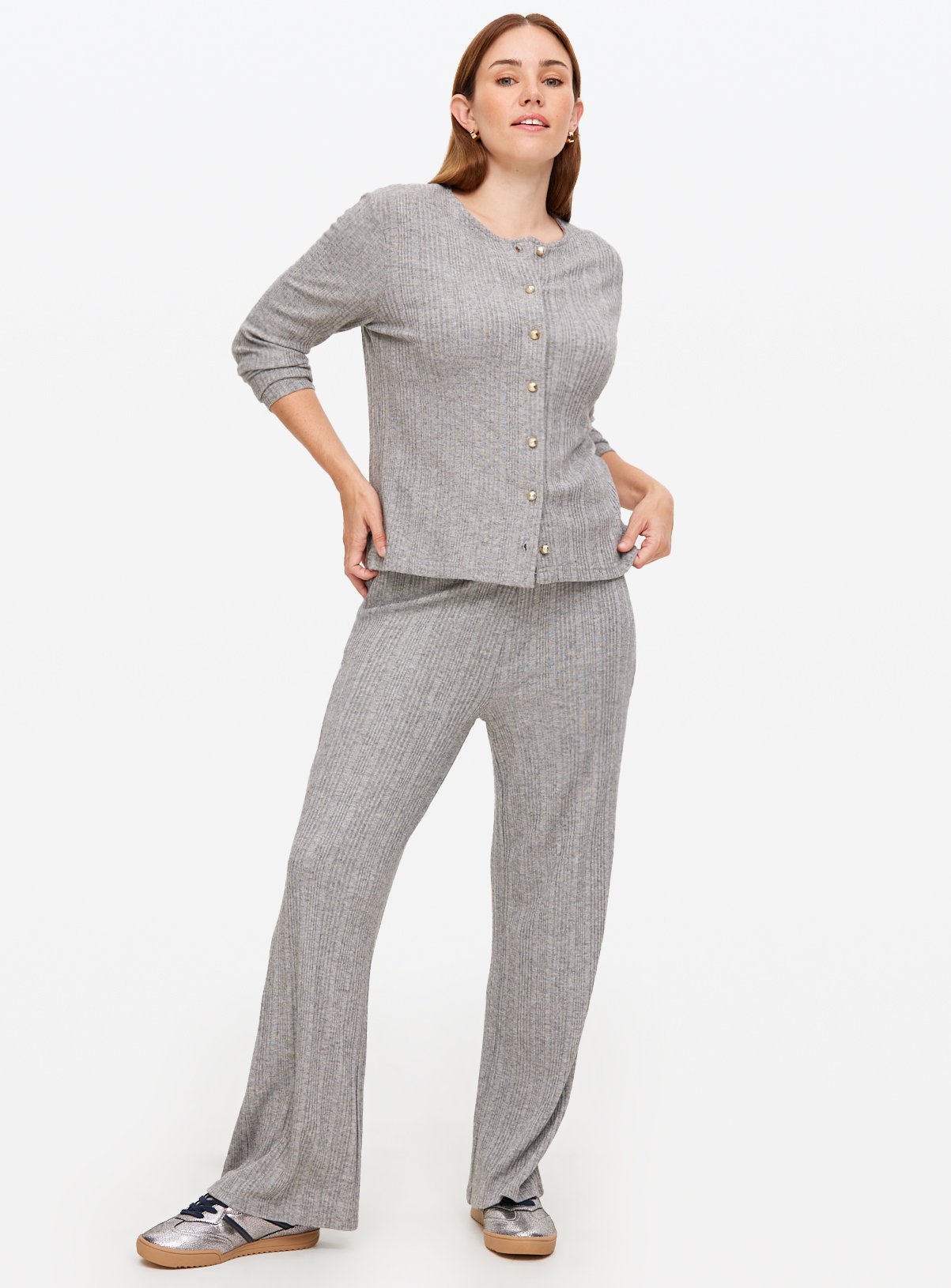 Grey Wide Leg Ribbed Trousers 6 - Image 1 thumbnail
