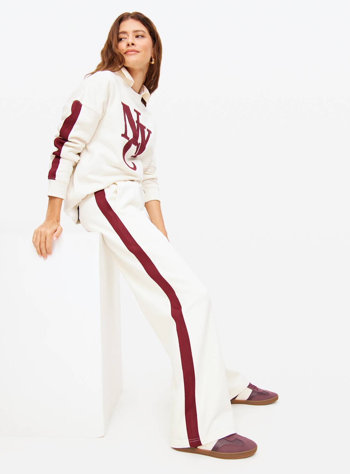Cream Side Stripe Wide Leg Co-ord Joggers L - Image 1
