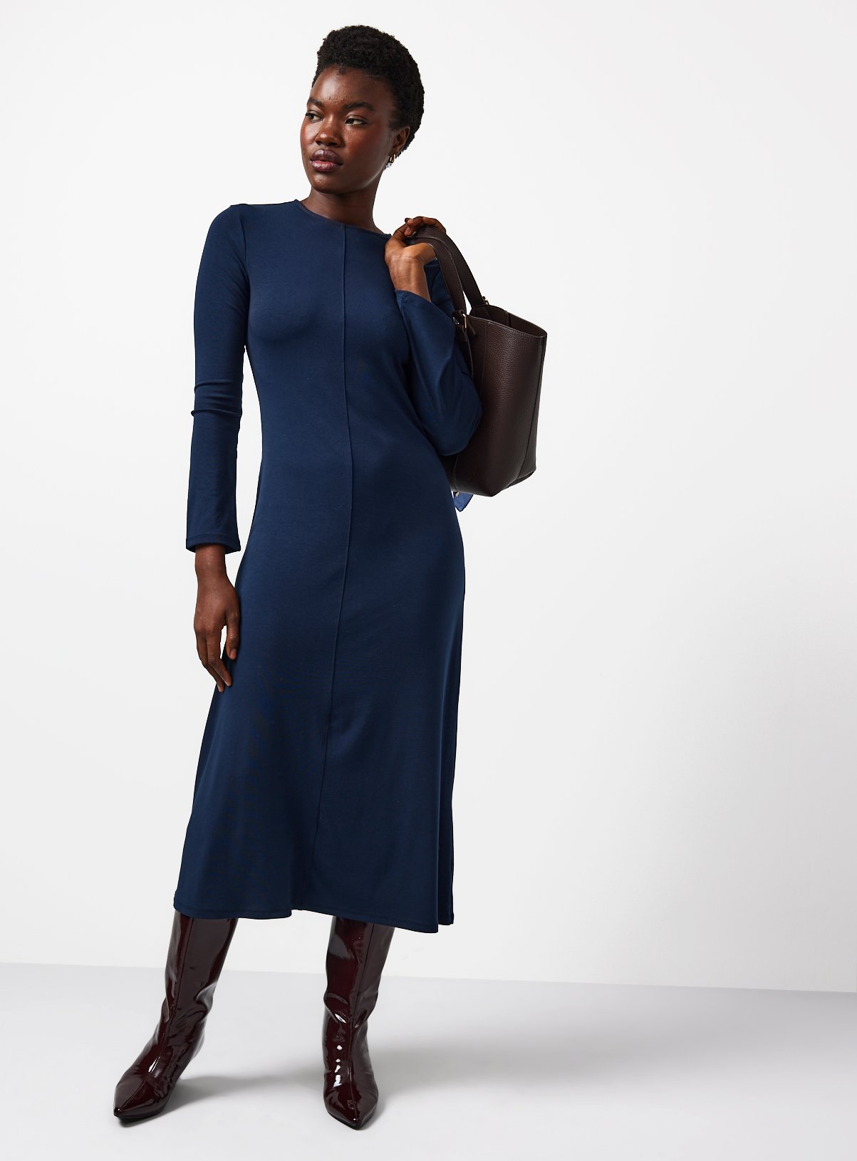 Navy Stitch Detail Long Sleeve Midaxi Dress 10 - Image 3 thumbnail