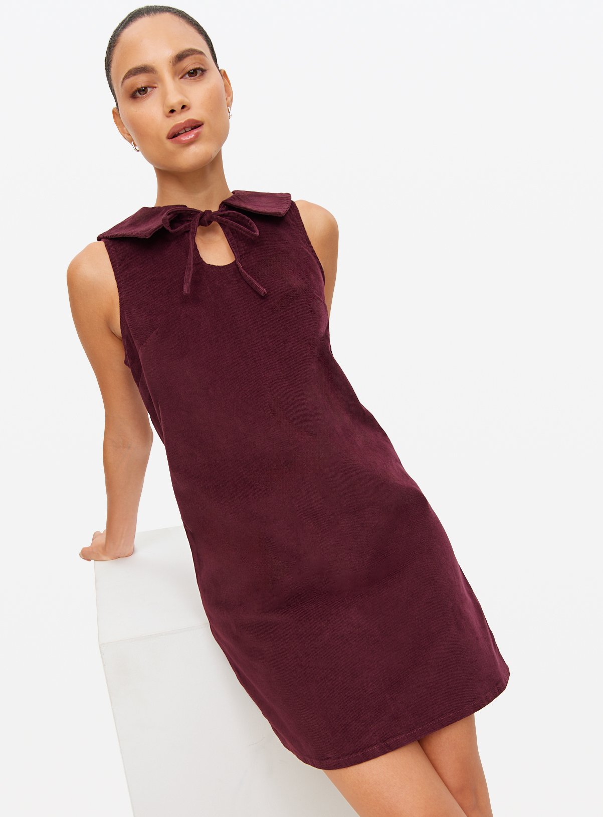 Red Tie-Collar Corduroy Pinafore Dress